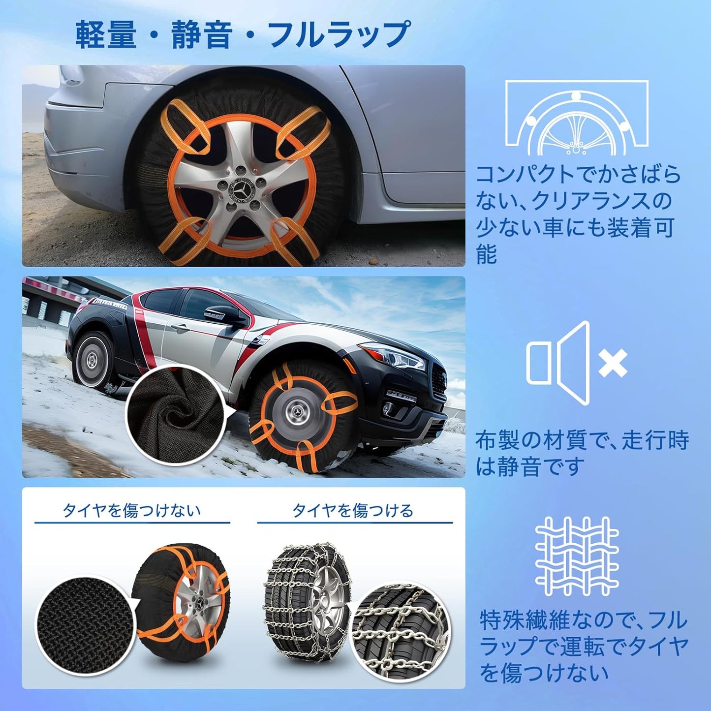 布製タイヤチェーン スノーソックス 2024年新型 SEALIGHT 乗用車用 静音 簡単装着・取り外し 工具不要 GT-7チェーン規制対応 非金属 滑り止め 13-20インチ対応 緊急対応 冰雪路面対応 2枚セット